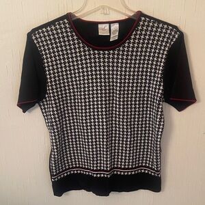 Emma James Black and White Patterned Tee with Red Accents